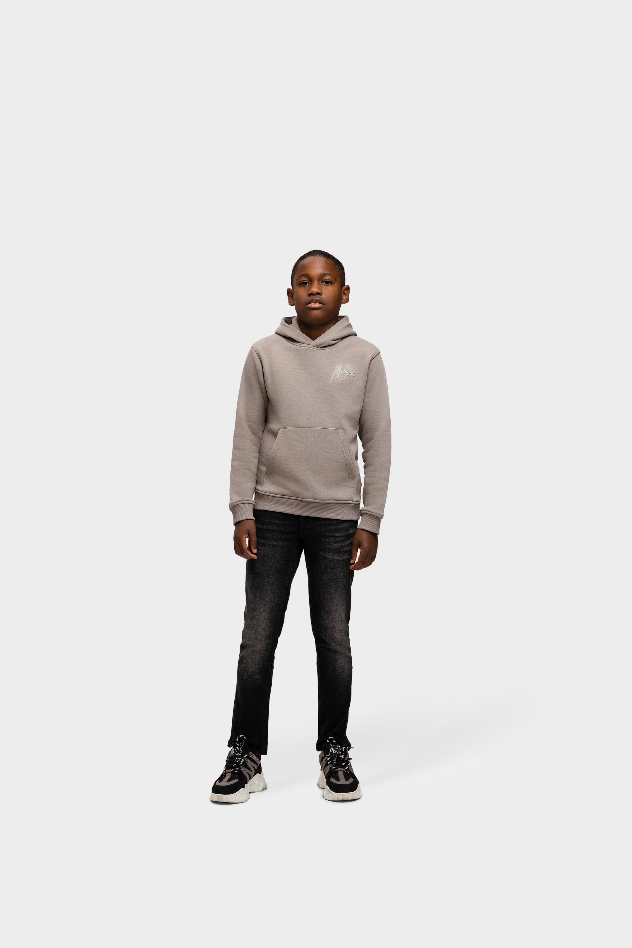 Malelions Junior Striped Signature Hoodie | Gray Brown/Off White