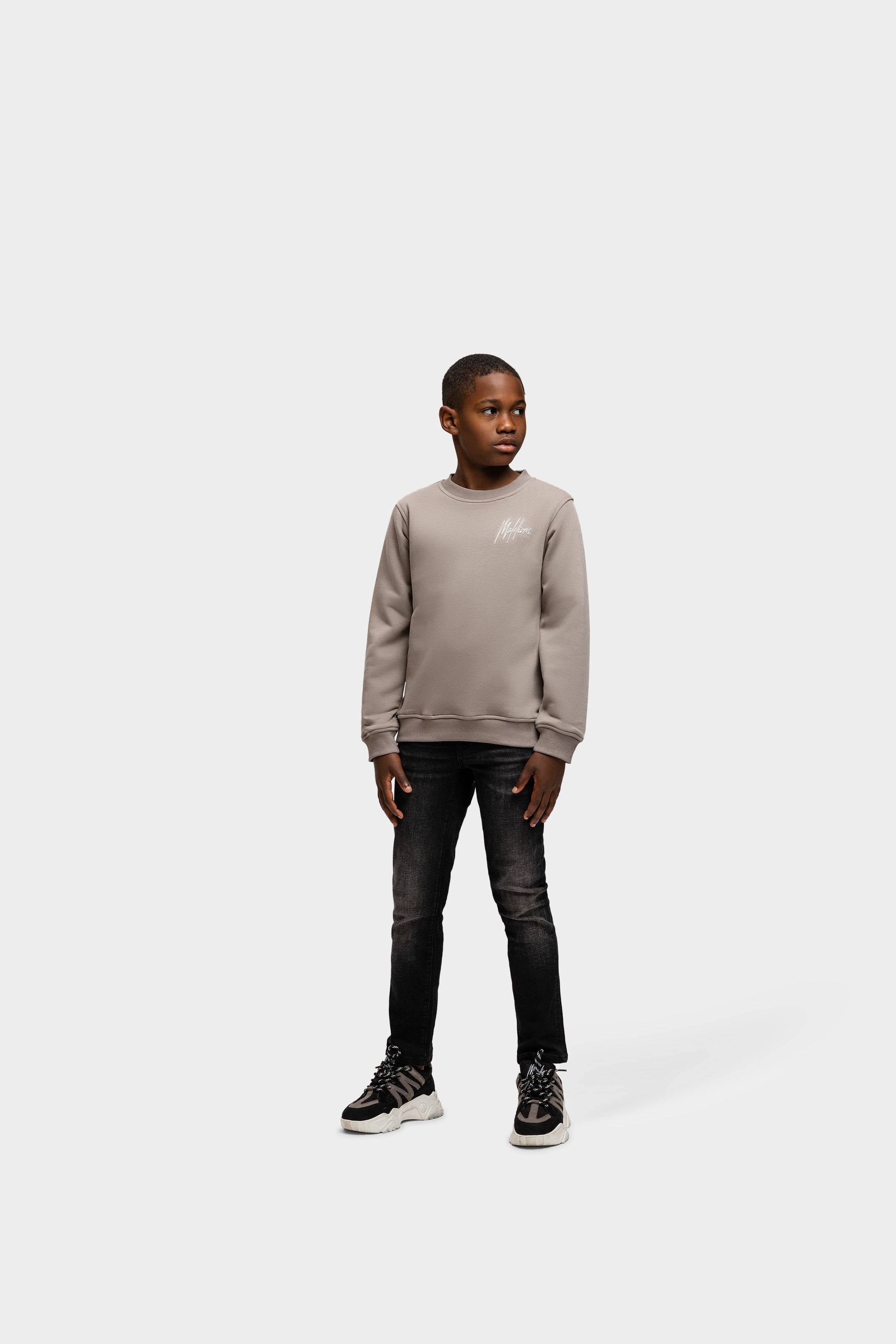 Malelions Junior Streifenpullover mit charakteristischer Aufschrift | Graubraun/Cremeweiß