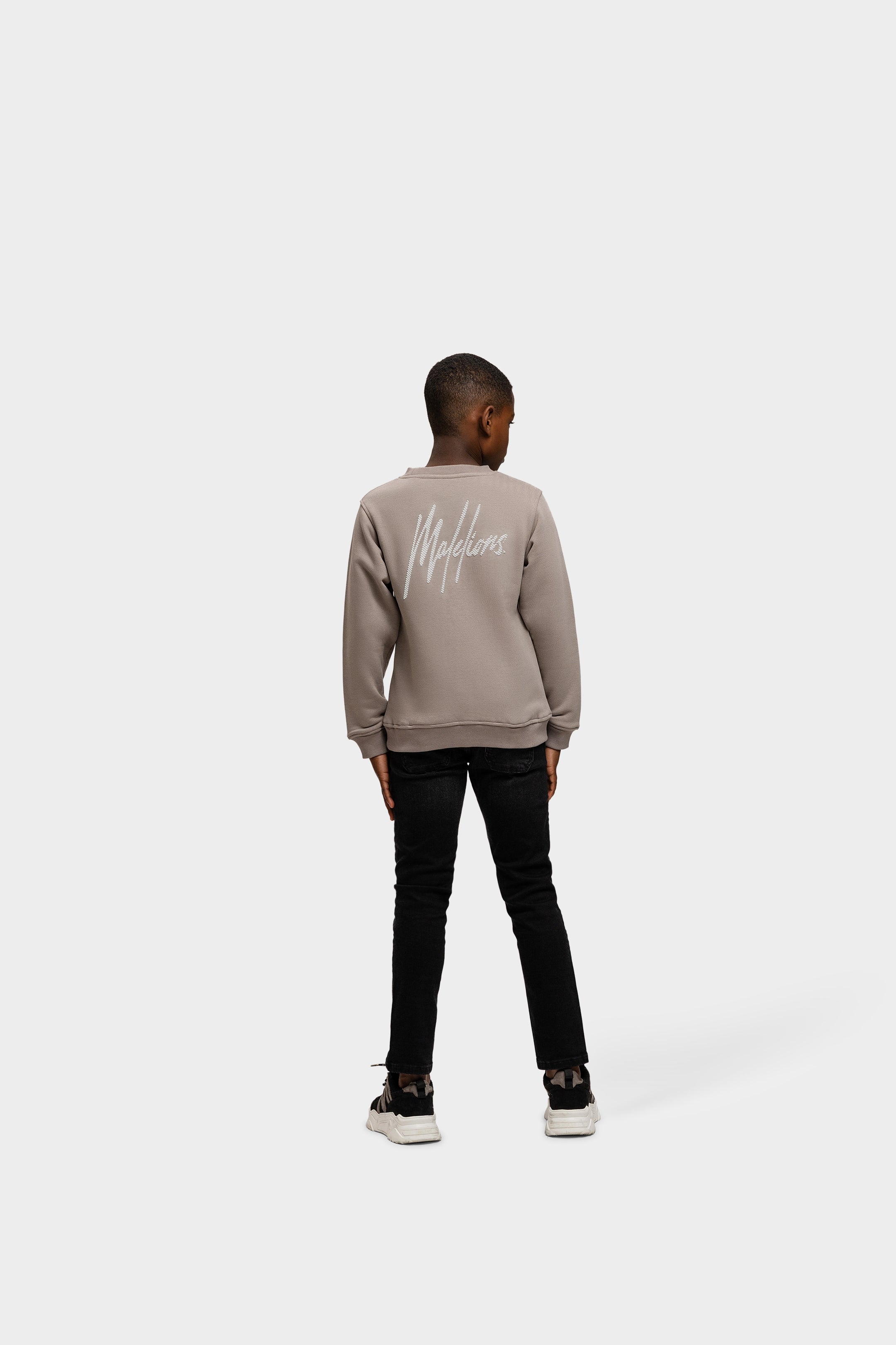 Malelions Junior Streifenpullover mit charakteristischer Aufschrift | Graubraun/Cremeweiß