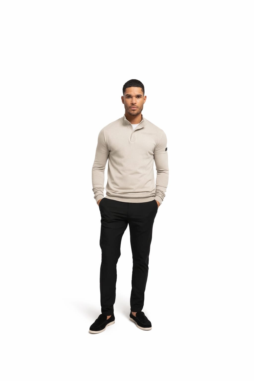 Malelions Men Knitted Quarter Zip | Light Taupe