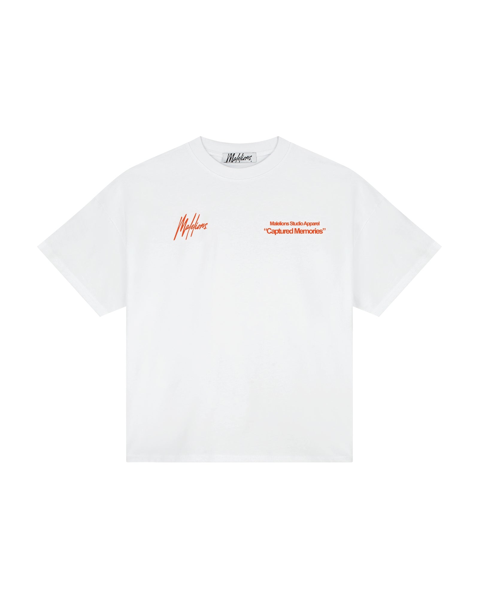 Malelions Damen-T-Shirt „Erinnerungen eingefangen“ | Weiß/Orange