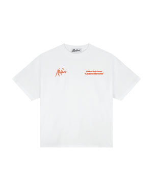 Malelions Damen-T-Shirt „Erinnerungen eingefangen“ | Weiß/Orange