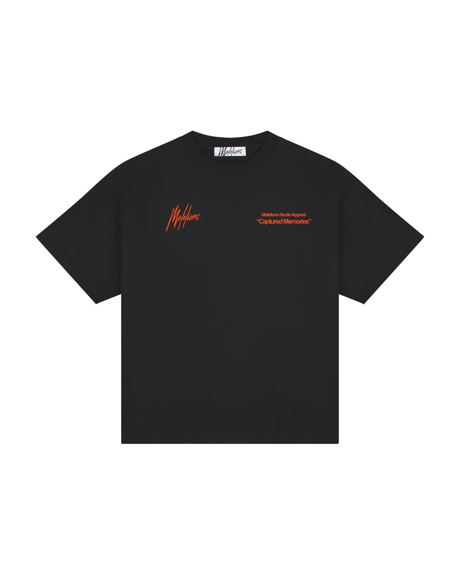 Malelions Damen-T-Shirt „Erinnerungen eingefangen“ | Schwarz/Orange