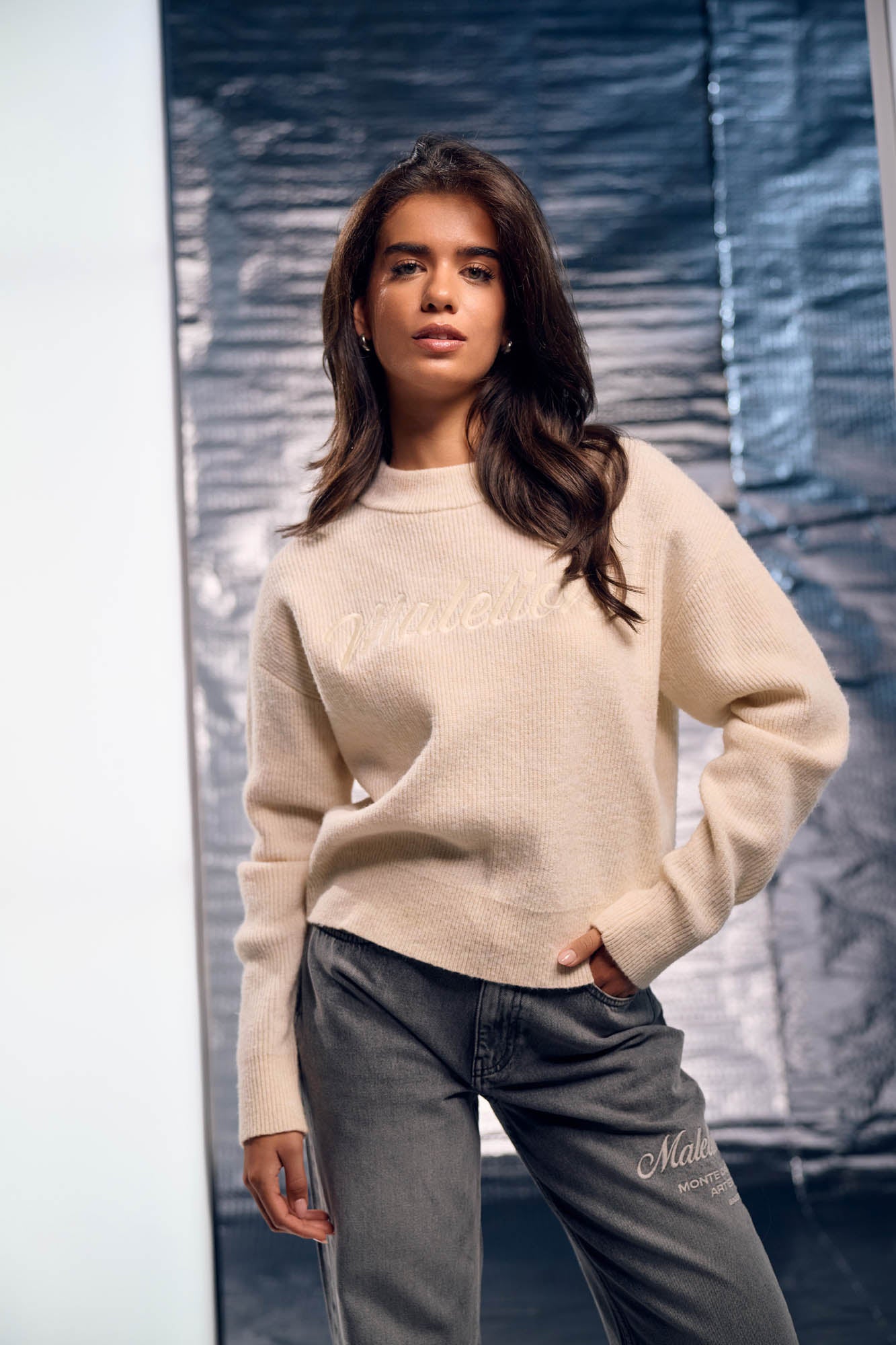 Malelions Women Embroidered Knit Sweater | Beige