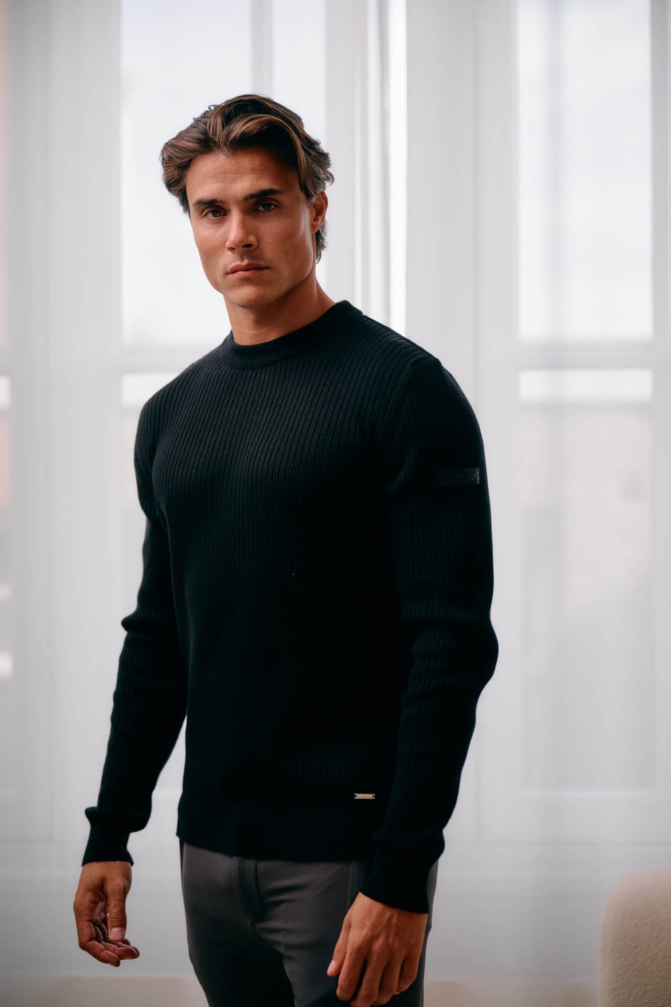 Malelions Men Knitted Rib Sweater | Black