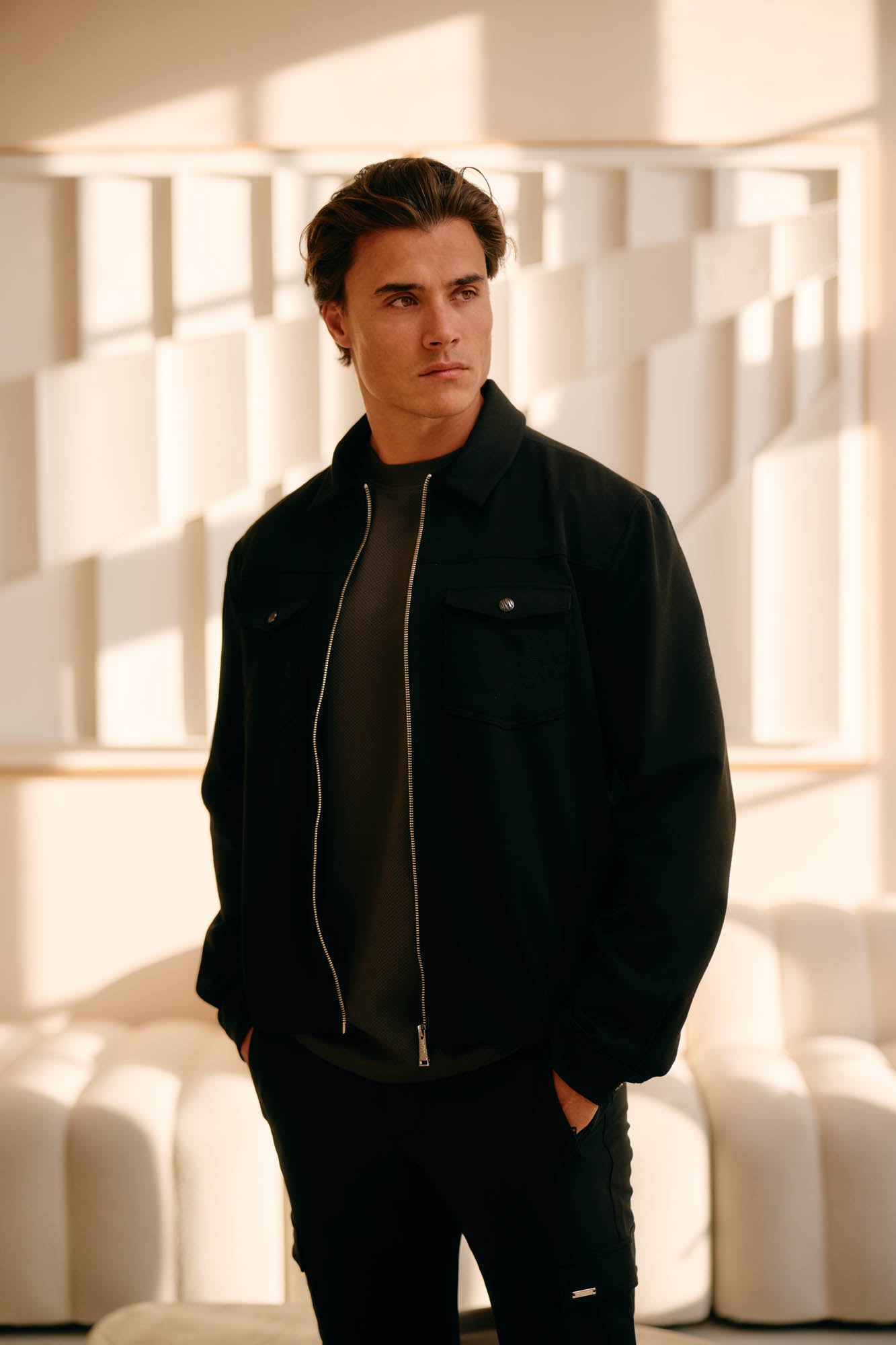 Malelions Men Textured Zip Overshirt | Black