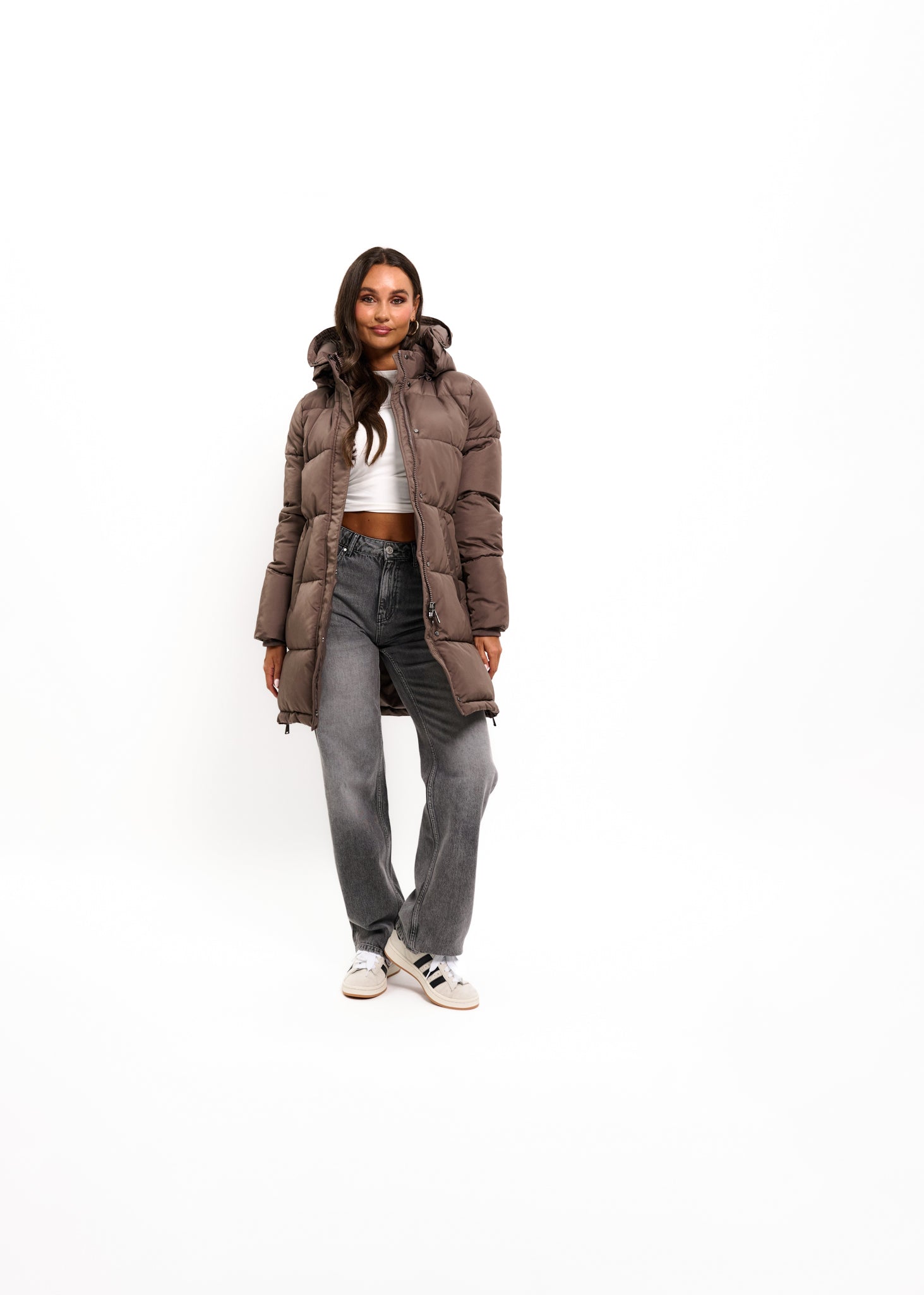 Malelions Women Mid Length Puffer Jacket | Dark Taupe