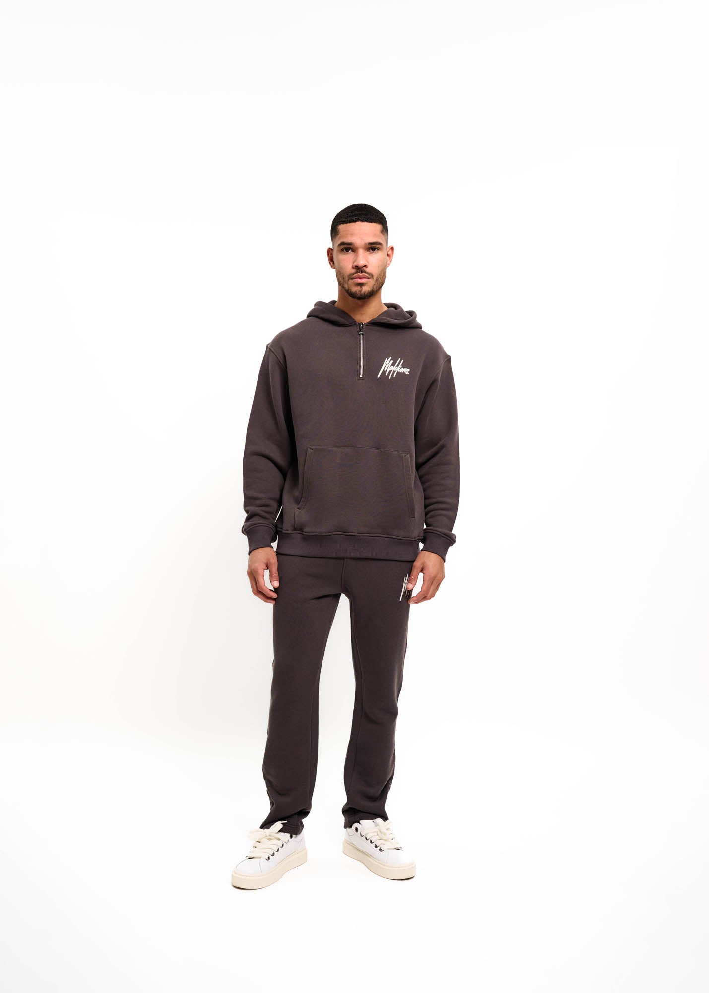 Malelions Herren-Kapuzenpullover mit Kettenstich-Signatur und halbem Reißverschluss | Mulchbraun