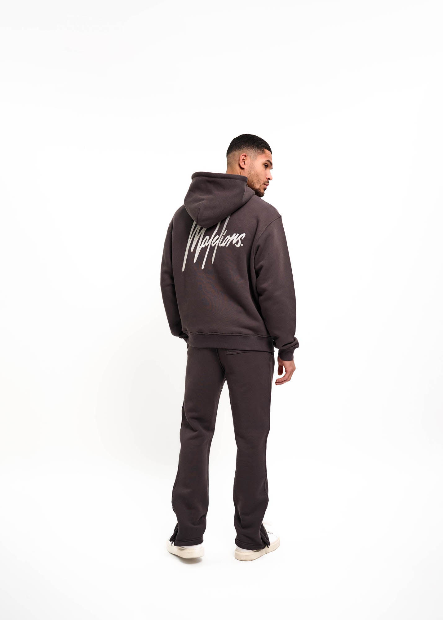 Malelions Herren-Kapuzenpullover mit Kettenstich-Signatur und halbem Reißverschluss | Mulchbraun