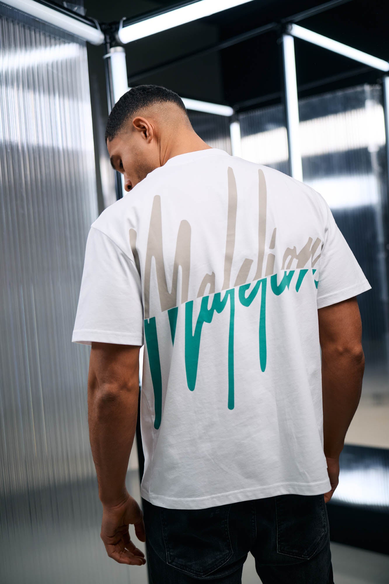 Malelions Men Oversized Split T-Shirt | White/Turquoise