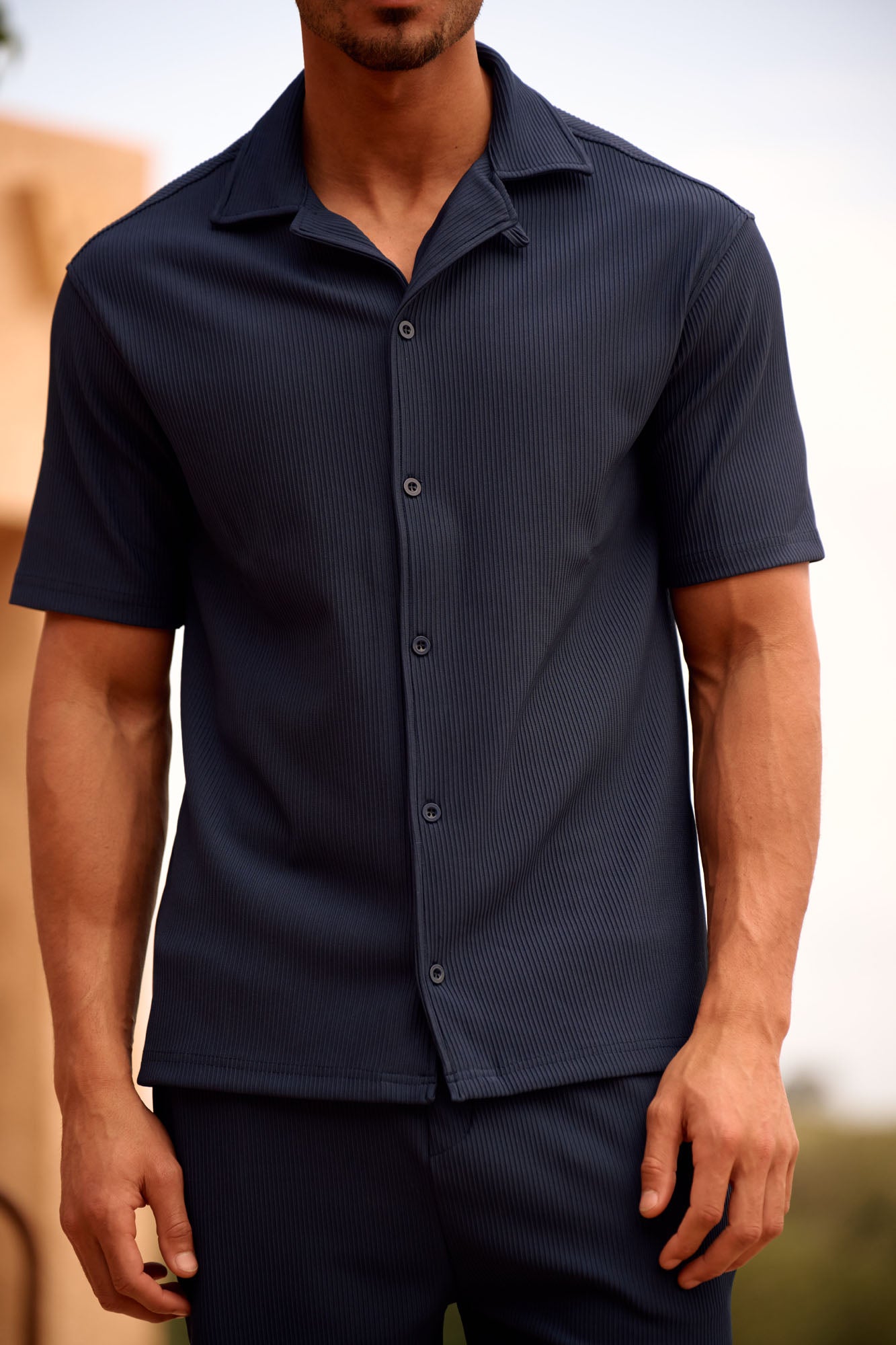 Malelions Men Ribbed Camp Collar Shirt | Navy