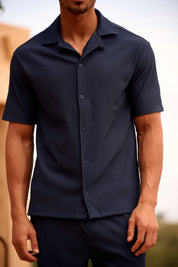 Malelions Men Ribbed Camp Collar Shirt | Navy