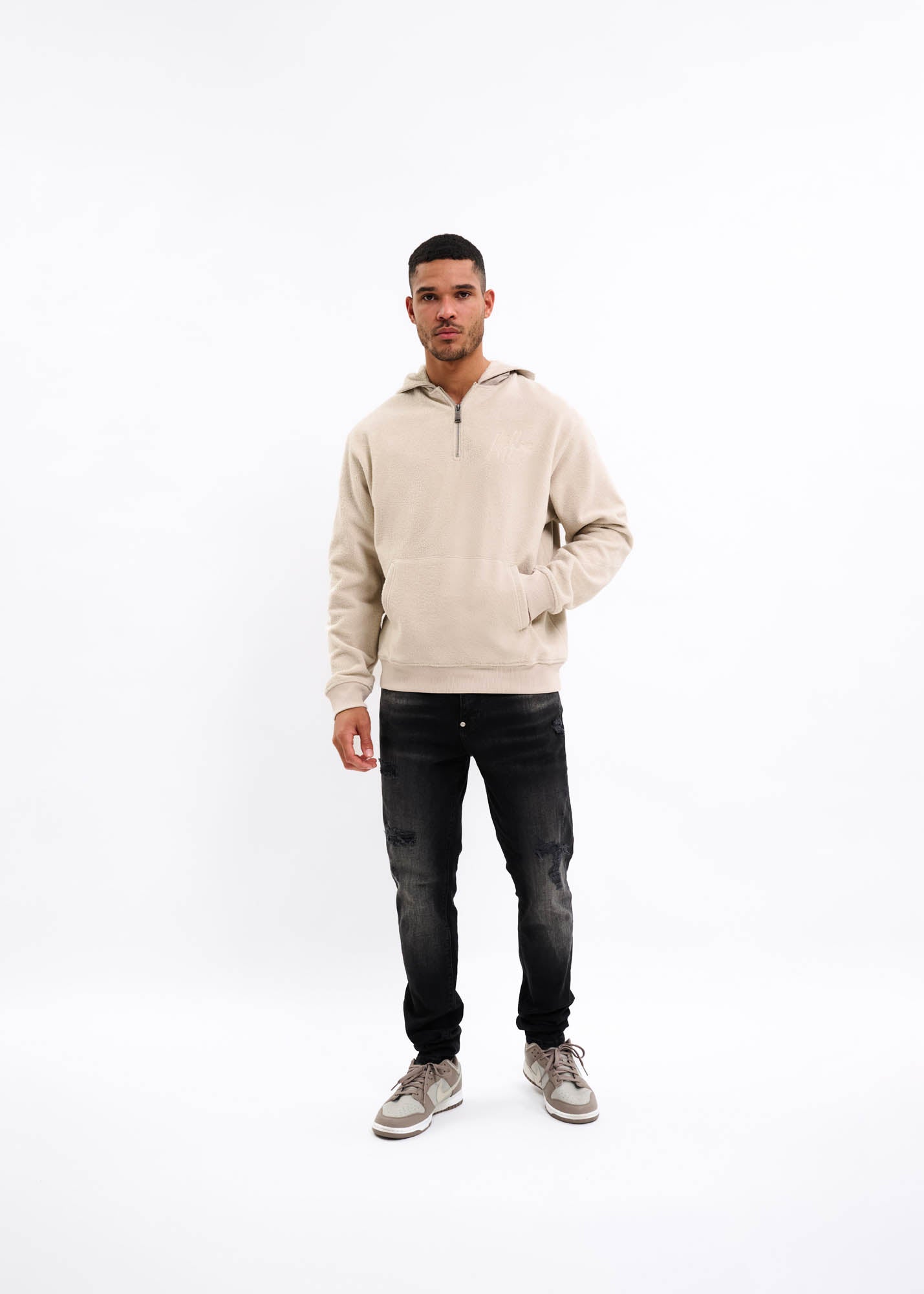Malelions Men Fleece Nylon Half Zip Hoodie | Sand