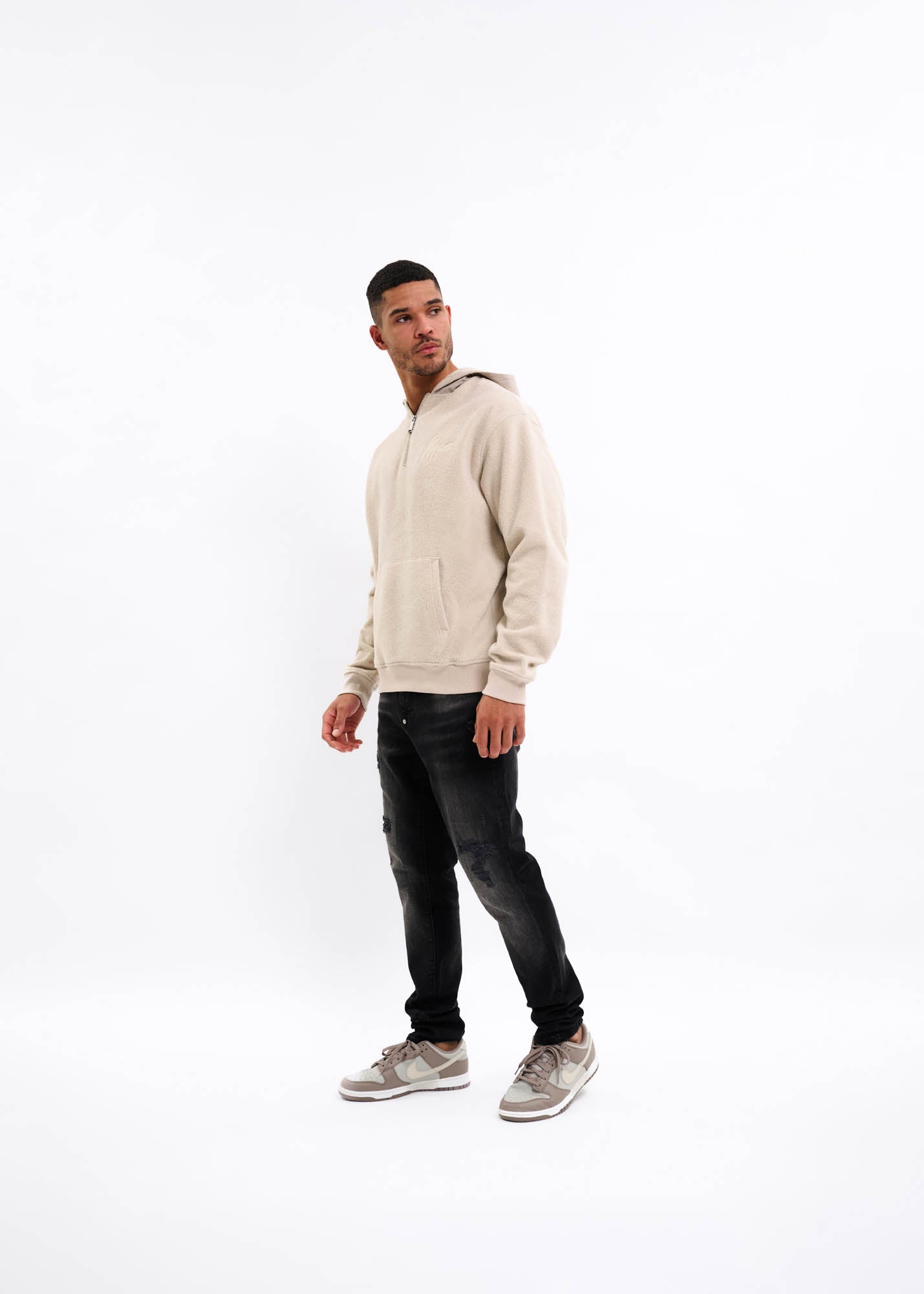 Malelions Men Fleece Nylon Half Zip Hoodie | Sand