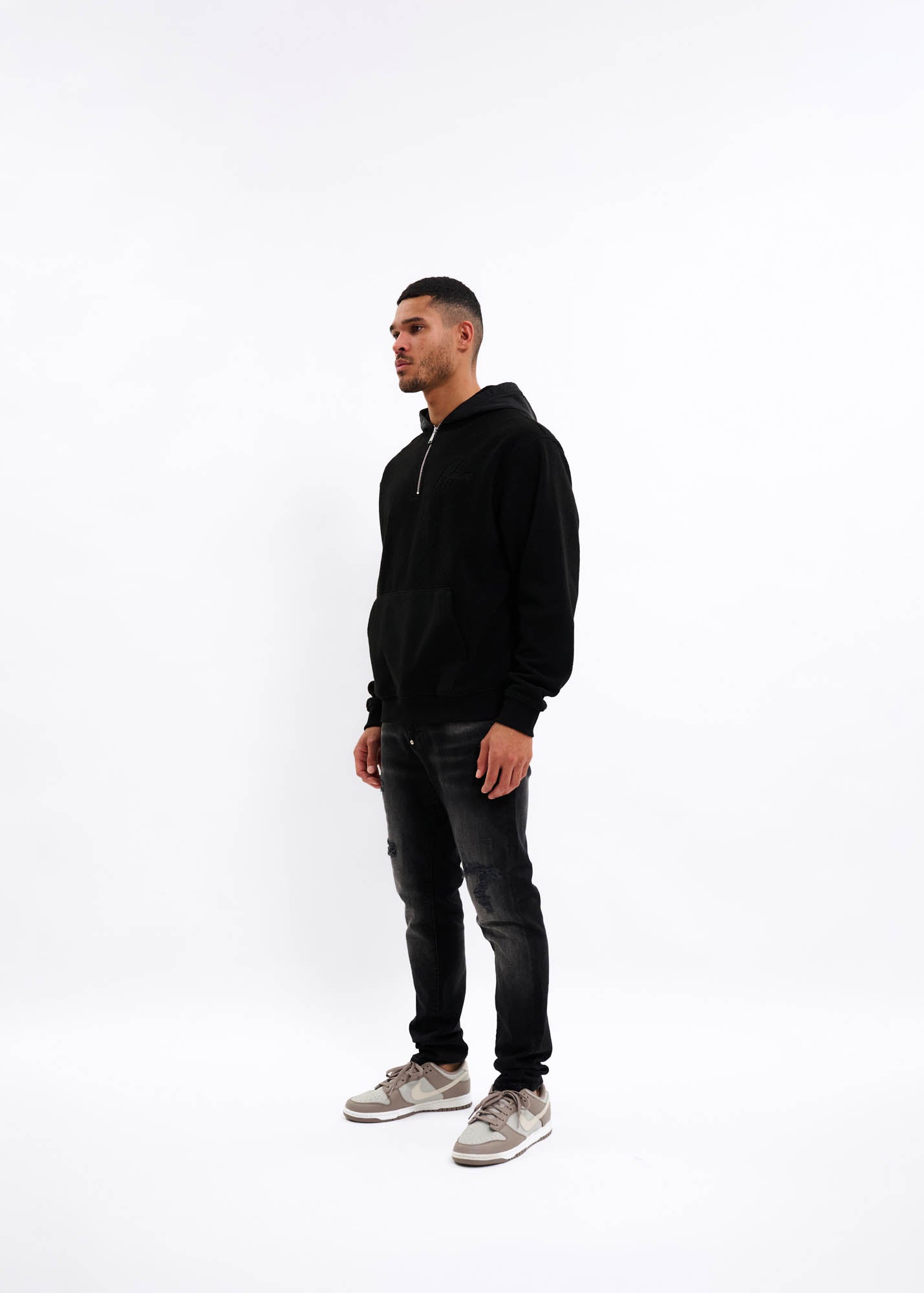 Malelions Men Fleece Nylon Half Zip Hoodie | Black