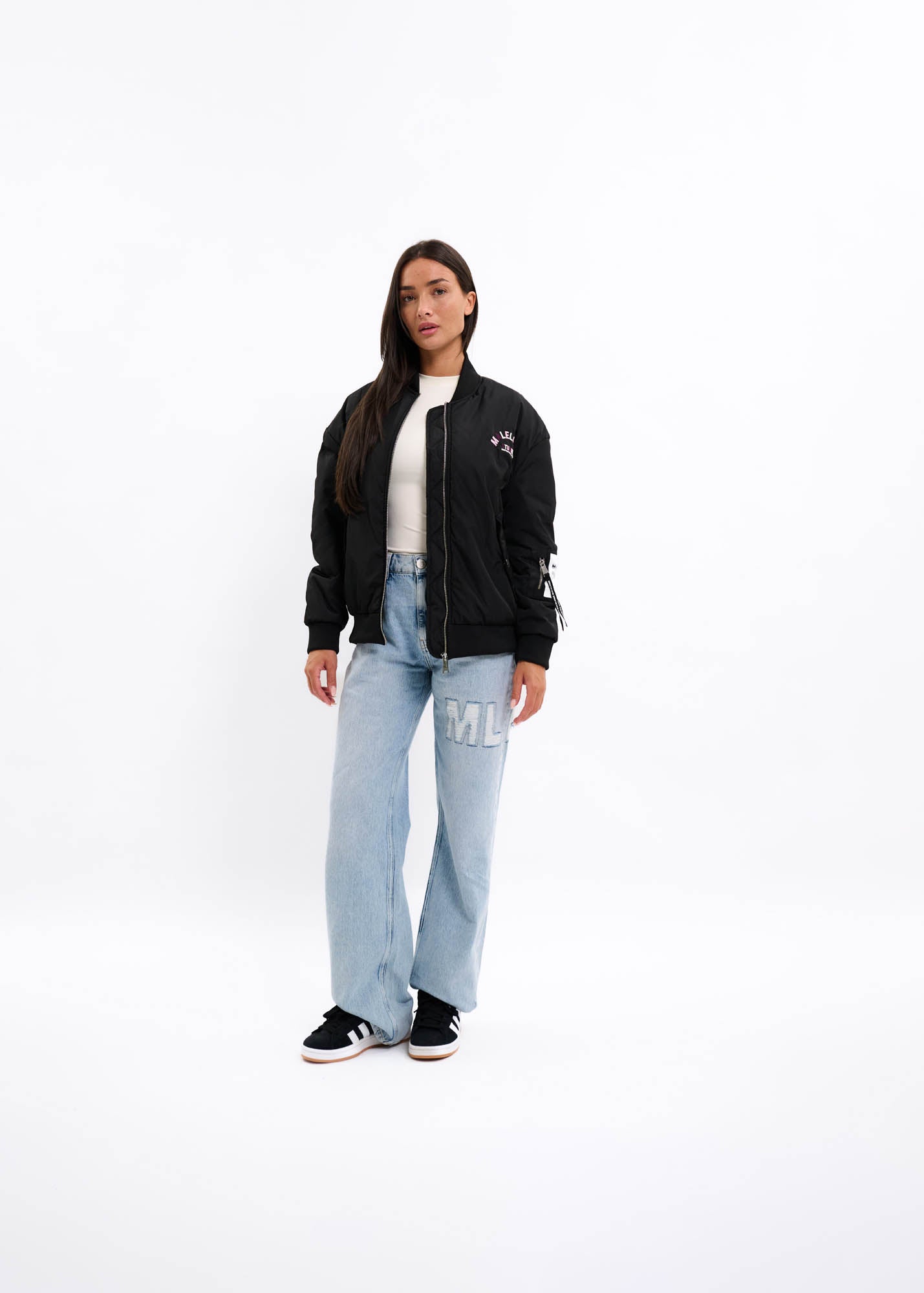 Malelions Women Oversized Label Bomber Jacket | Deep Black