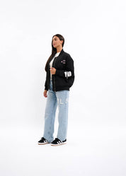 Malelions Women Oversized Label Bomber Jacket | Deep Black