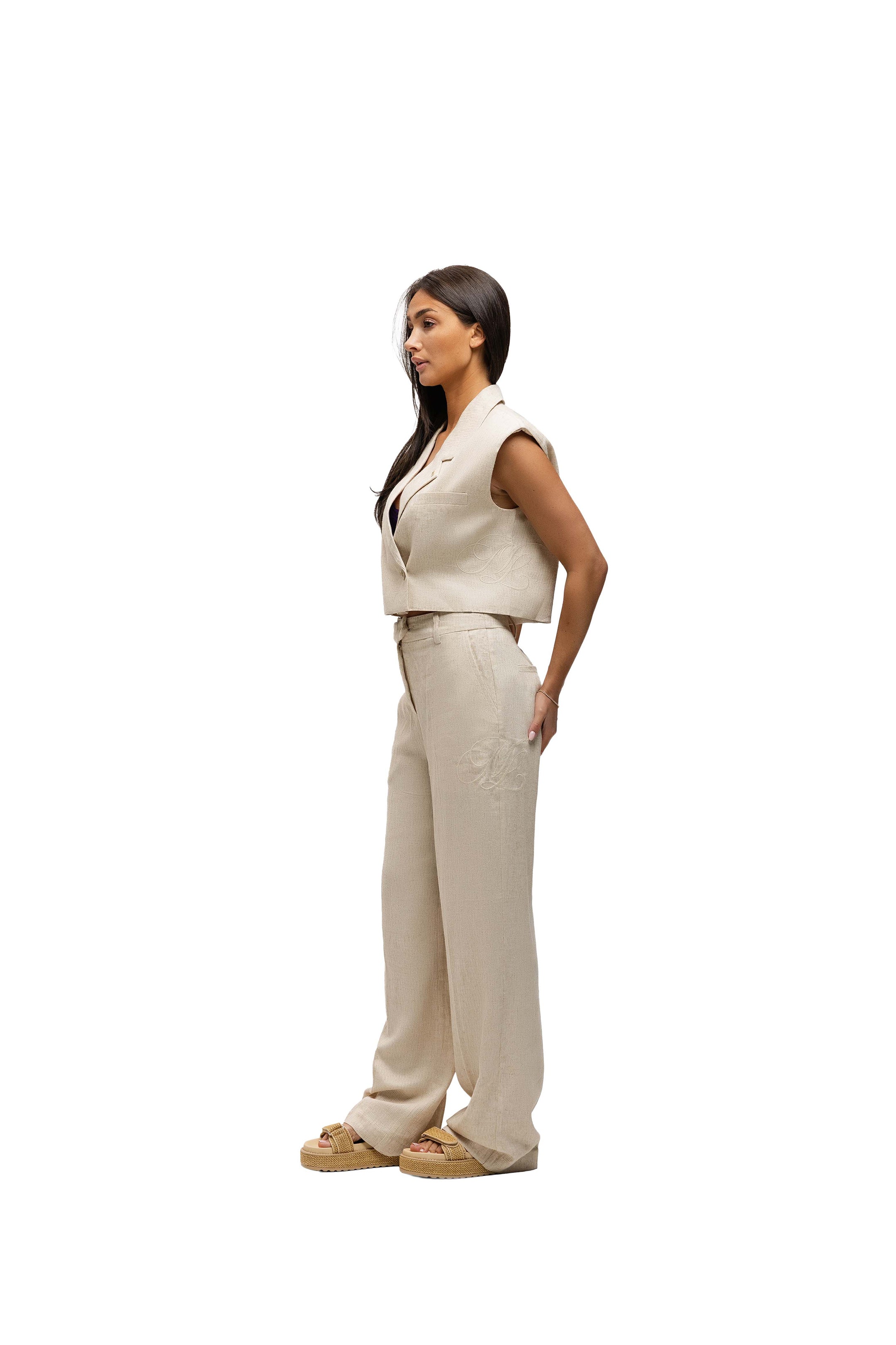 Malelions Women Linen Emblem Pantalon | Beige