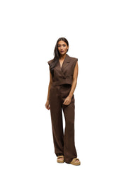 Malelions Women Cropped Linen Emblem Gilet | Espresso