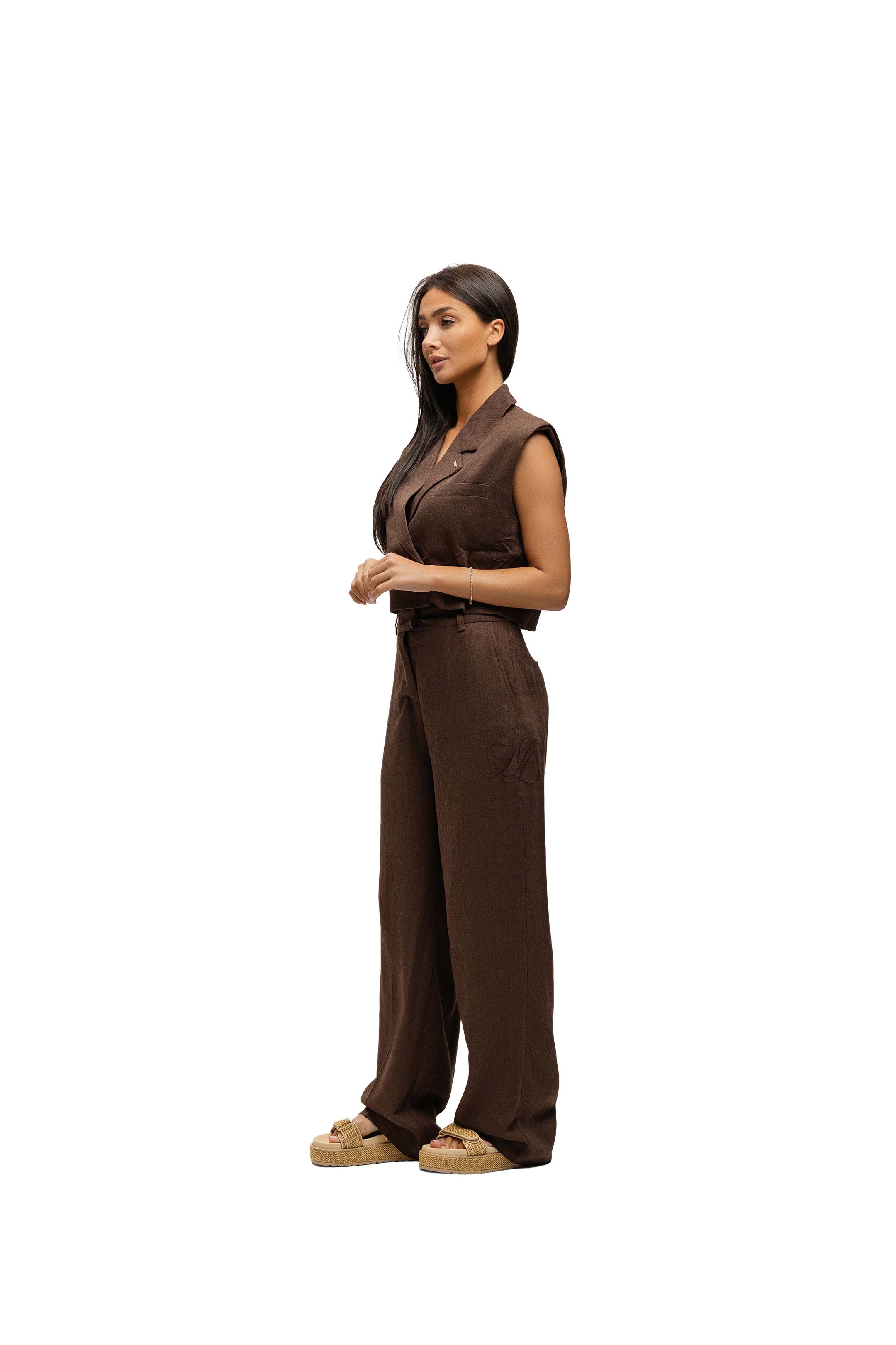 Malelions Women Cropped Linen Emblem Gilet | Espresso