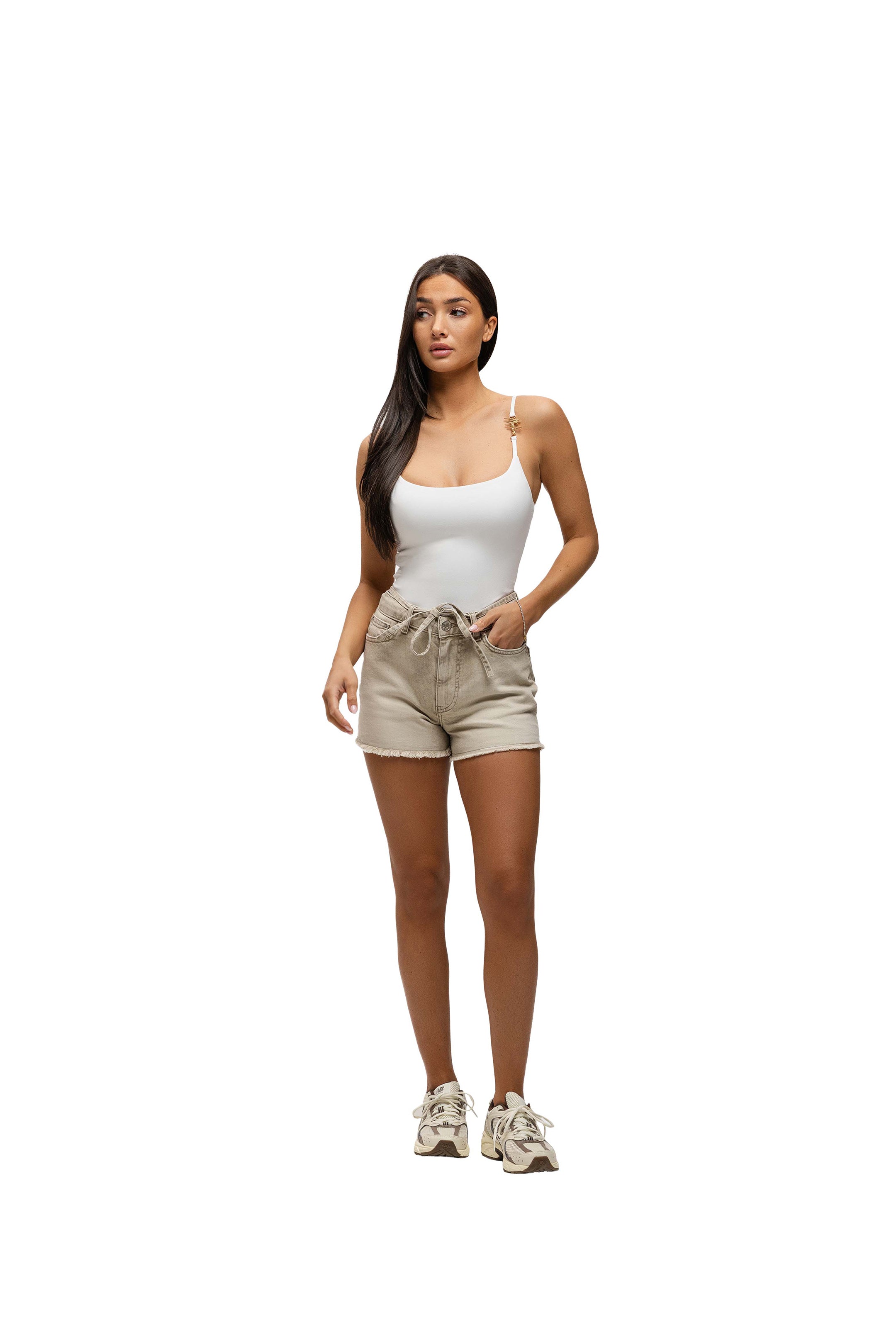 Malelions Women Damaged Emblem Denim Shorts | Taupe
