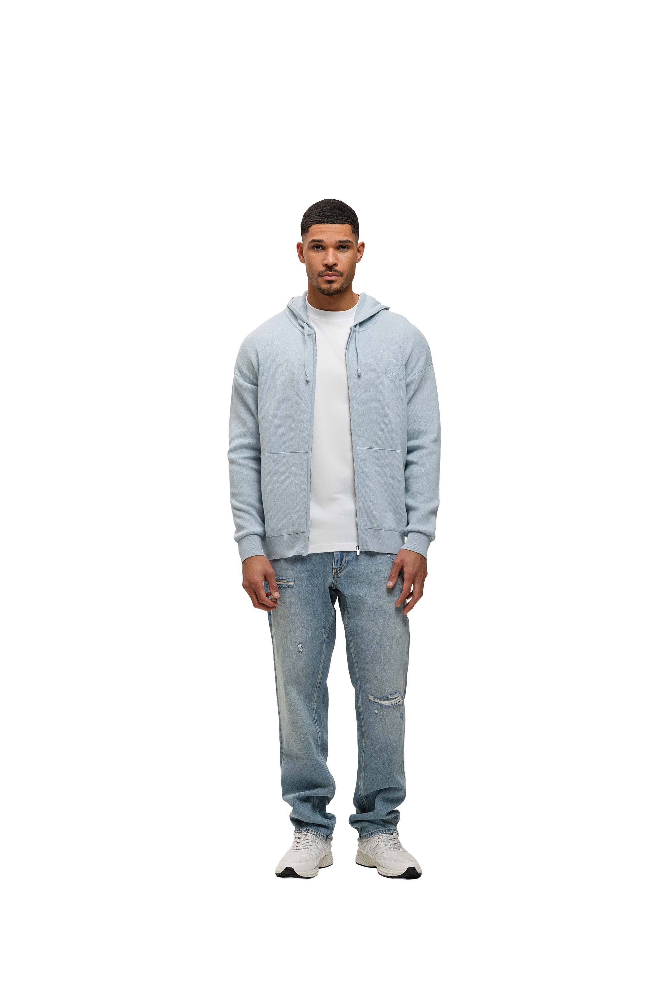 Malelions Men Oversized Knitted Emblem Zip Hoodie | Ice Blue