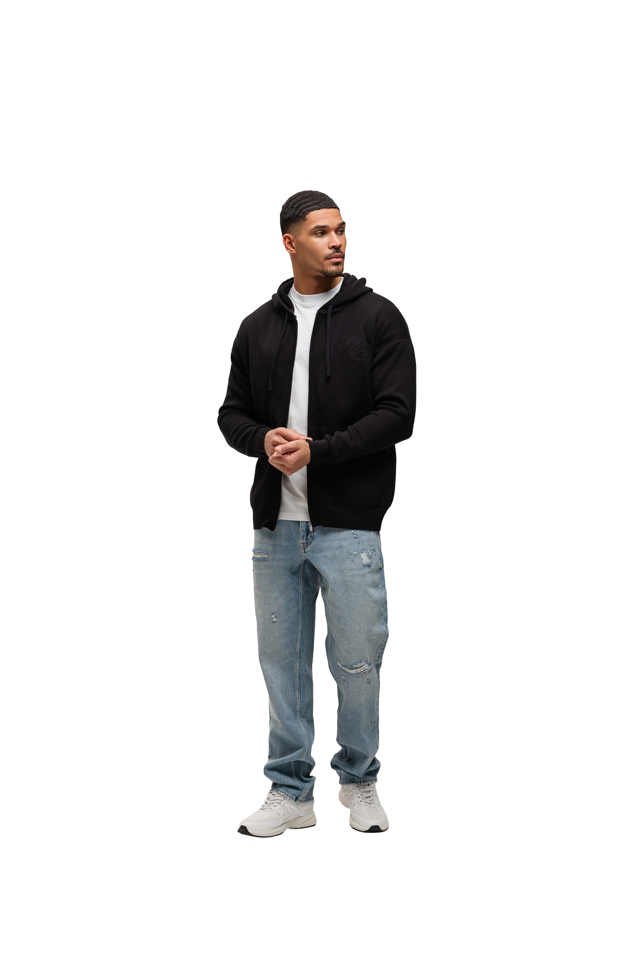 Malelions Men Oversized Knitted Emblem Zip Hoodie | Black