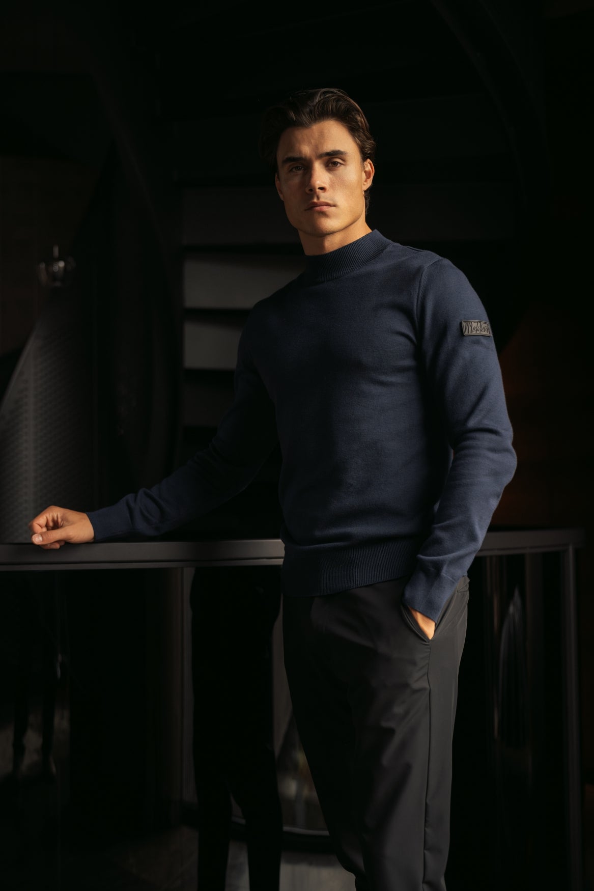Malelions Men Knitted Mock Neck Sweater | Navy