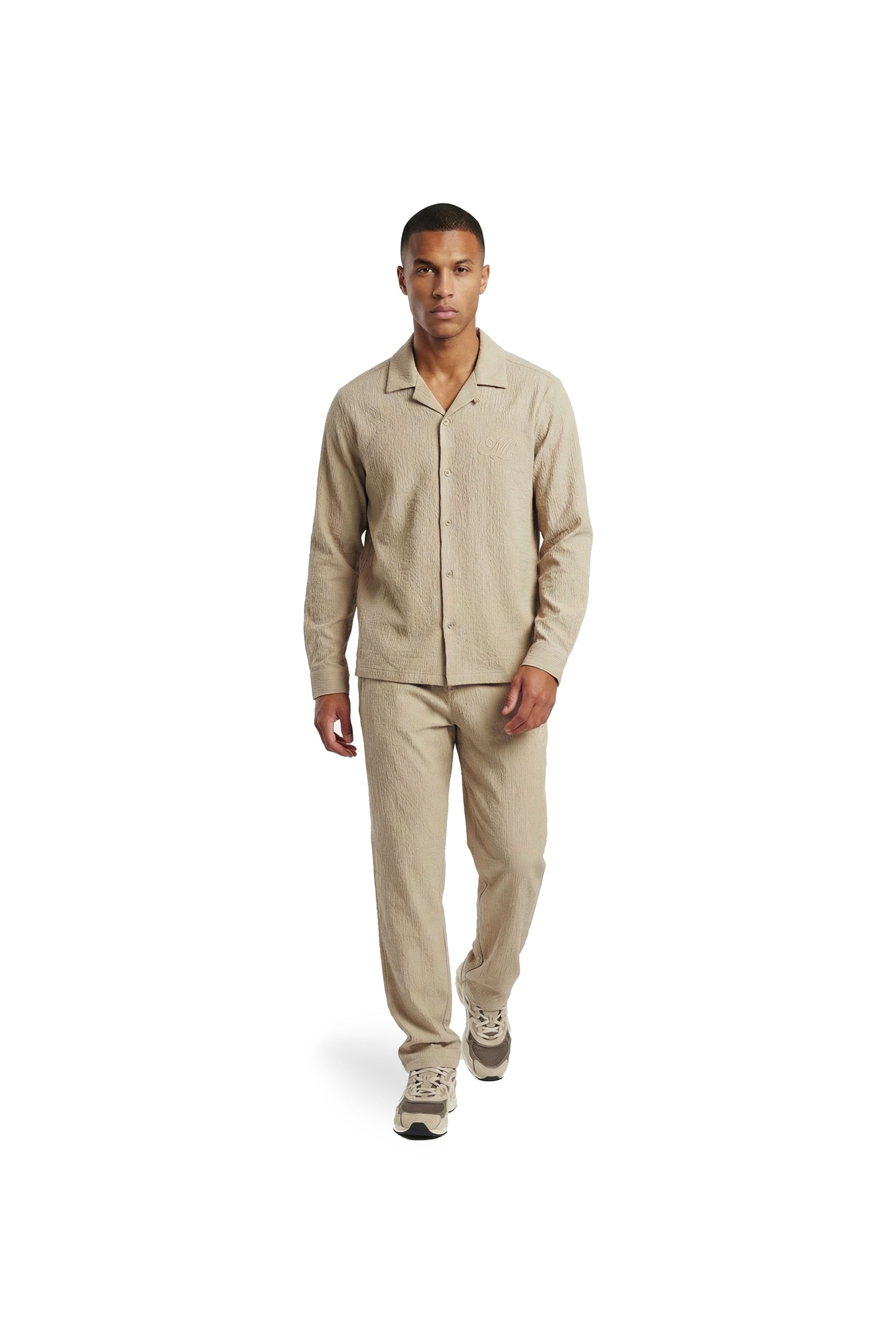 Malelions Men Emblem Seersucker Longsleeve Shirt | Light Taupe