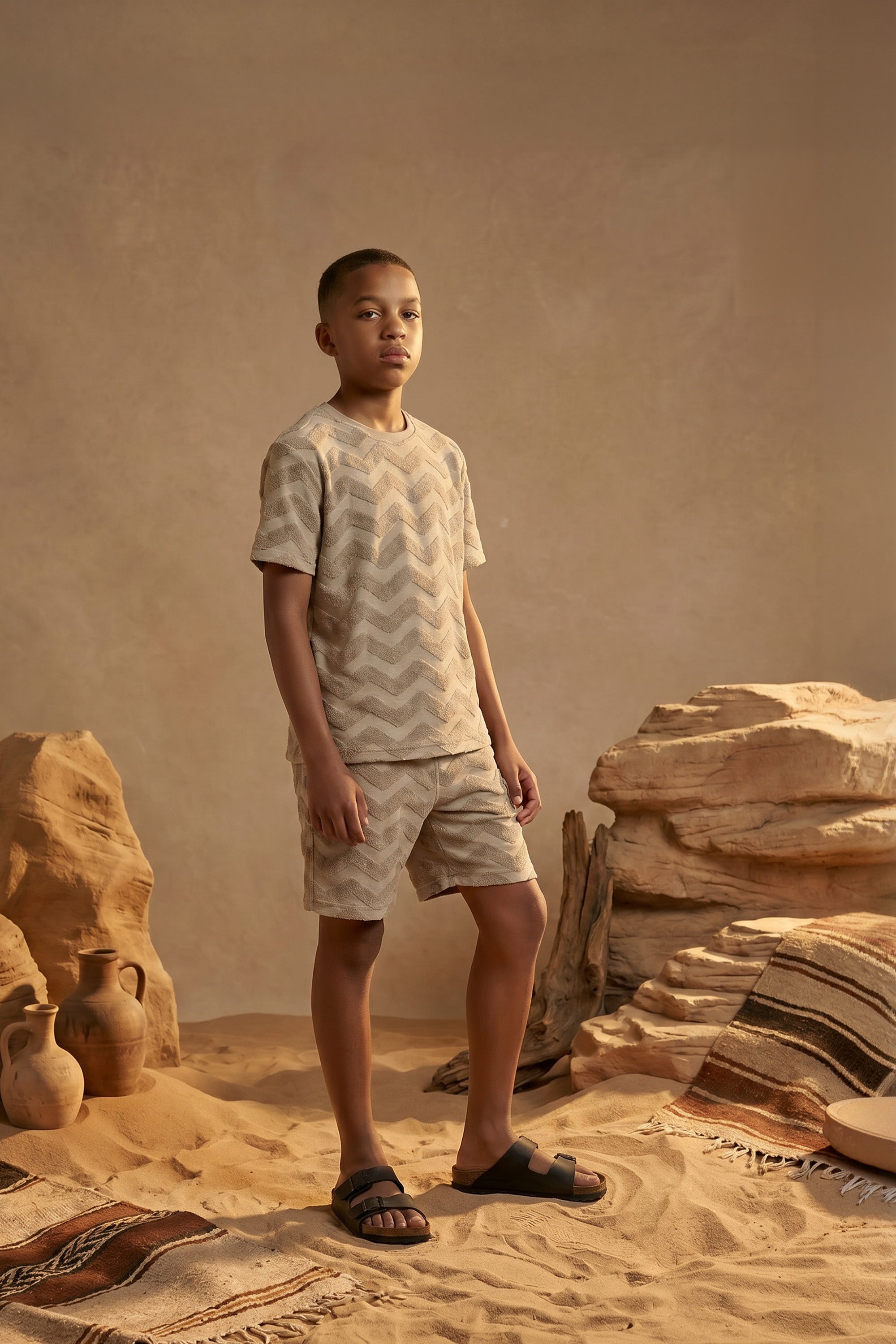 Malelions Junior Jacquard Wavy Towelling T-Shirt | Dark Taupe