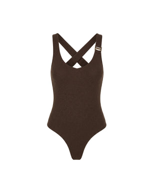 Malelions Women Cross Back Bouclé Bodysuit | Espresso