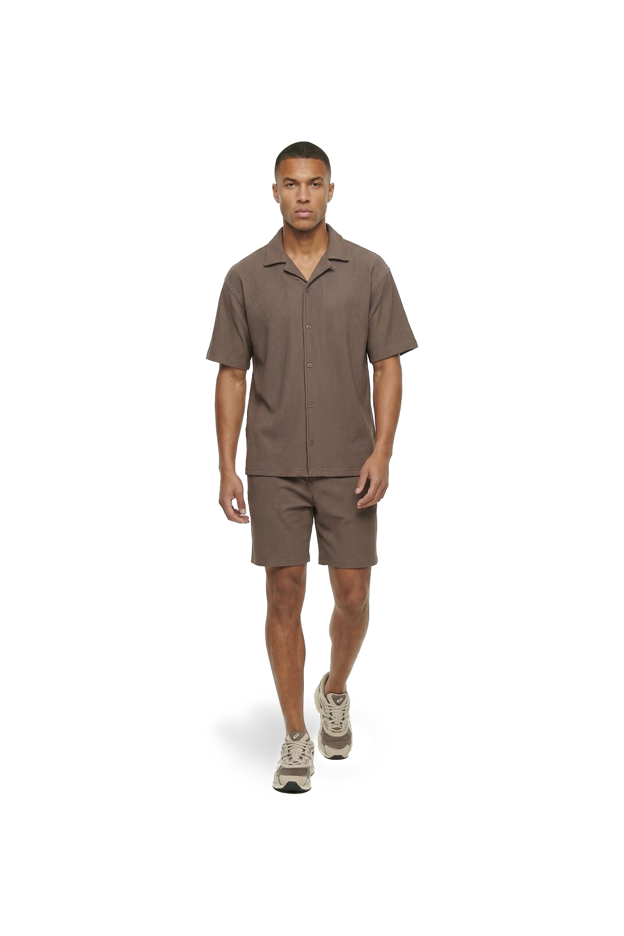 Malelions Men Ribbed Camp Collar Shirt | Brown